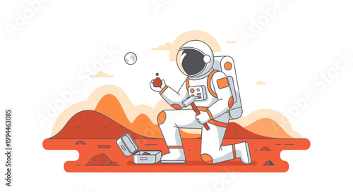 Astronaut exploring planetary surface illustrated vector artwork