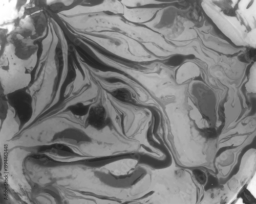 Black and white abstract art with swirling patterns and textures creates a mesmerizing visual effect in shades of gray on a circular canvas surface