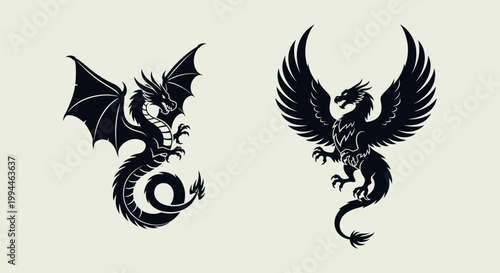 Black dragon and griffin mythical creatures.