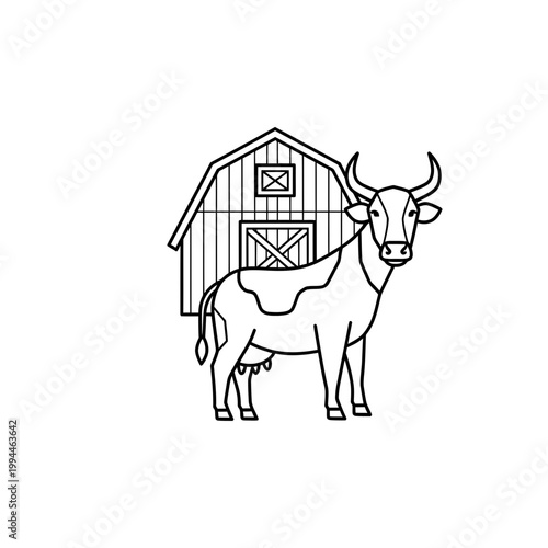 Minimalist line art vector illustration of a cow and farm barn