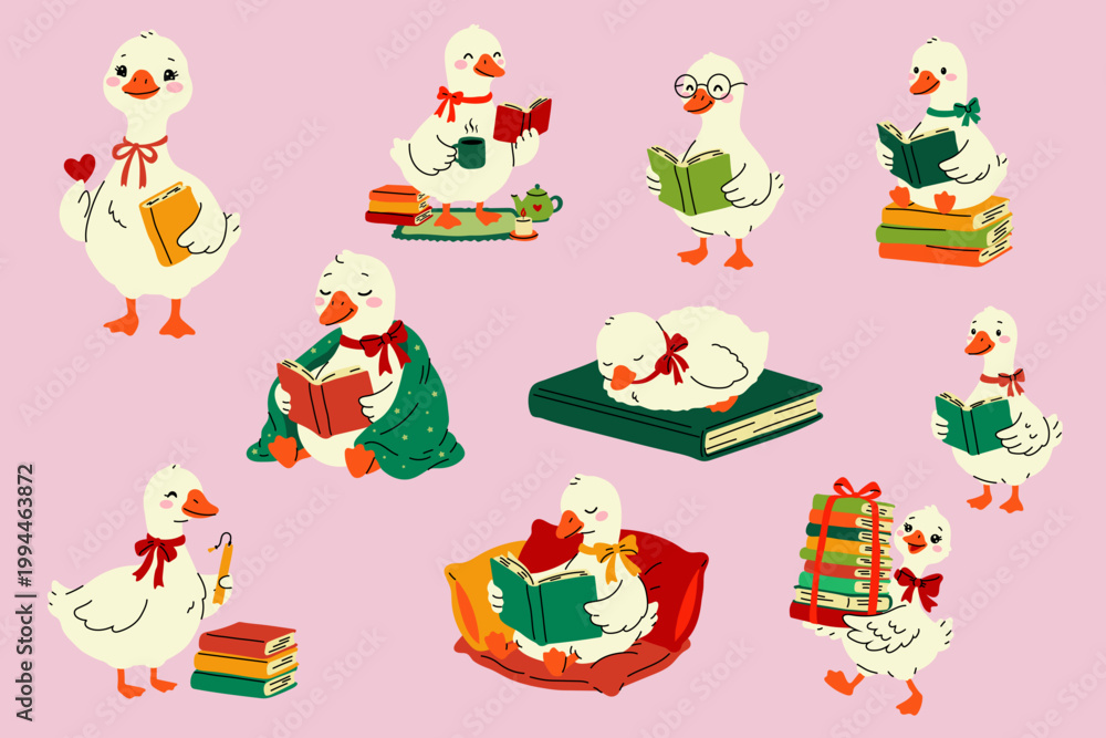 Fototapeta premium Cute Reading Goose Character Set Cartoon Illustration