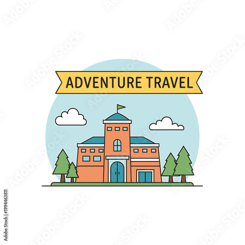 Adventure travel banner with landmark building and pine trees vector
