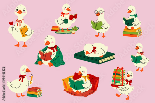 Cute Reading Goose Character Set Cartoon Illustration
