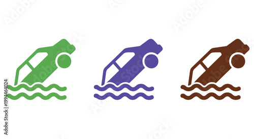 Colorful swimming pool floaties in vibrant green purple and brown floating on water in a fun summer scene