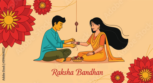 Traditional Raksha Bandhan celebration with a brother and sister exchanging gifts and tying a sacred thread