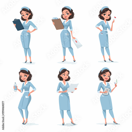 Set of cartoon nurses with medical equipment and tools