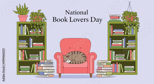 Cozy reading nook with pink armchair surrounded by tall bookshelves filled with books and potted plants for National