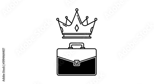 Briefcase sits directly underneath a royal crown to represent professional leadership, corporate success, executive authority, career advancement, business achievement, and high-level management.