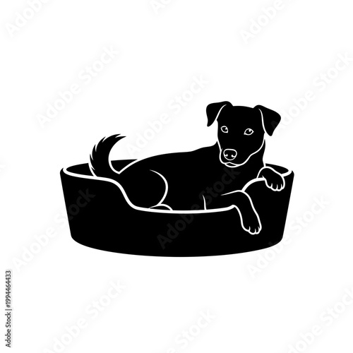 Black dog silhouette resting in a pet bed vector illustration
