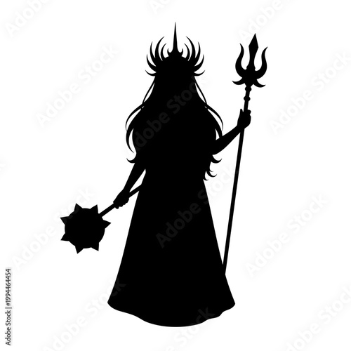 Silhouette of fantasy queen goddess with trident and mace