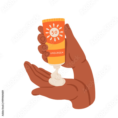 Dark skin hand applying sunscreen SPF 50. Squeezing suntan lotion tube on palm. Sun protection, skincare, summer safety concept. Hand drawn vector illustration isolated on white.
