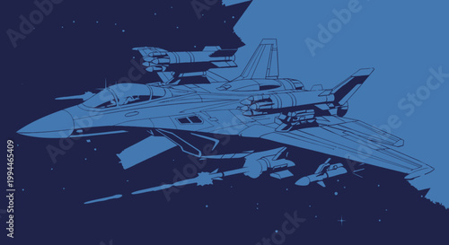 Modern jet fighter in flight against a starry night sky artwork