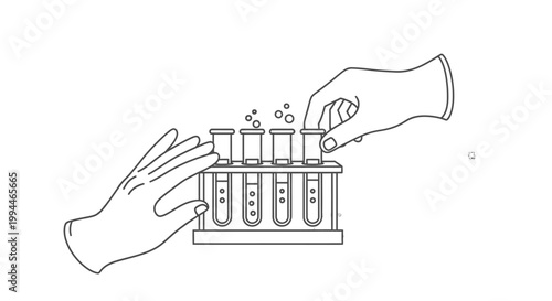 Hands wearing protective medical gloves carefully manipulate glass test tubes within a laboratory rack to demonstrate the precise scientific research and clinical testing performed by professionals.