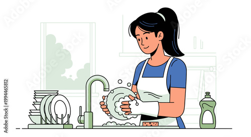 Woman washing dishes in kitchen with soap and water vector illustration