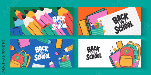 Welcome back to school clipart poster, cards, bannner set design. Back to school greeting cover collection in paper colorful grid space background with educational flat elements and copy space.