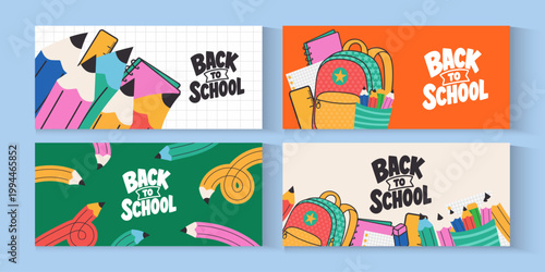 Welcome back to school clipart poster, cards, bannner set design. Back to school greeting cover collection in paper colorful grid space background with educational flat elements and copy space.