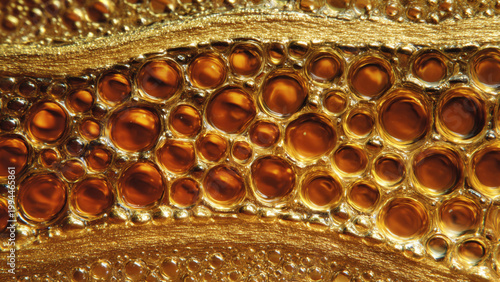 micro photo of honeycomb, top-view perspective, top part covered with beeswax capping, bottom part uncapped honey, bees placed along the border of the beeswax capping, ultra-realistic, high-resolution
