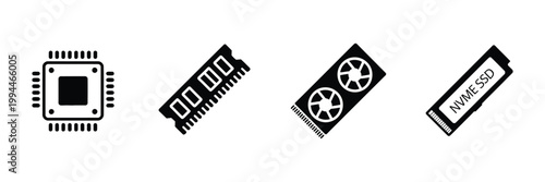 Computer hardware icon featuring CPU processor, RAM memory, GPU graphics card, NVMe SSD storage, black silhouette technology design