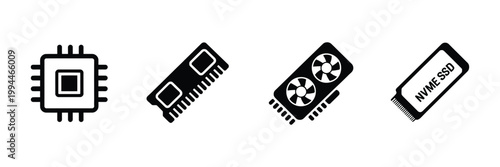 Computer hardware icon featuring CPU processor, RAM memory, GPU graphics card, NVMe SSD storage, black silhouette technology design