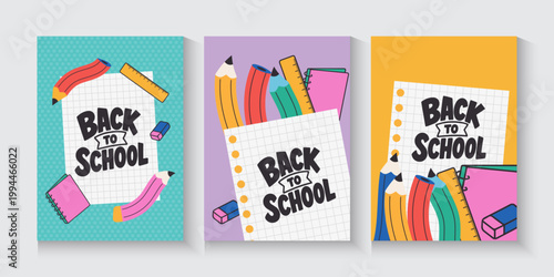 Welcome back to school clipart poster, cards, bannner set design. Back to school greeting cover collection in paper colorful grid space background with educational flat elements and copy space.