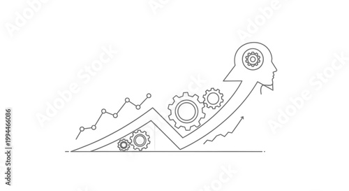 Arrow pointing upward displays a human head profile integrated with rotating mechanical gears to symbolize business growth, strategic planning, and analytical thinking in a clean, professional design.