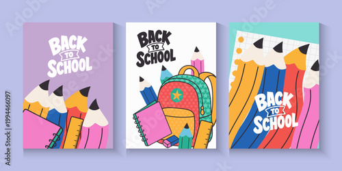 Welcome back to school clipart poster, cards, bannner set design. Back to school greeting cover collection in paper colorful grid space background with educational flat elements and copy space.