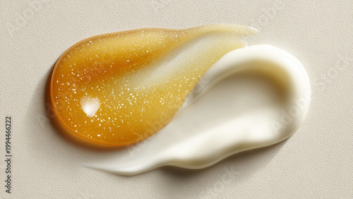 editorial macro beauty photograph of two skincare textures, a sheer lightweight facial oil smear in a pale apricot-warm tone with soft reflective shine and very fluid transparent texture, and an opaqu