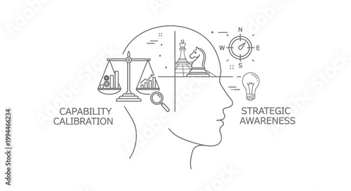 Human head profile outline incorporates balanced scales, a chess knight, a compass, and a lightbulb to illustrate the complex intersection of strategic awareness and analytical capability calibration.