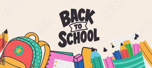 Welcome back to school clipart poster, cards, bannner set design. Back to school greeting cover collection in paper colorful grid space background with educational flat elements and copy space.