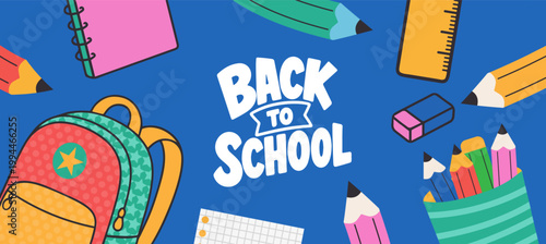 Welcome back to school clipart poster, cards, bannner set design. Back to school greeting cover collection in paper colorful grid space background with educational flat elements and copy space.