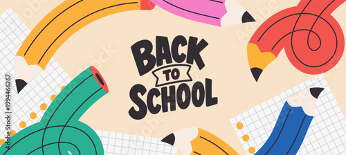 Welcome back to school clipart poster, cards, bannner set design. Back to school greeting cover collection in paper colorful grid space background with educational flat elements and copy space.