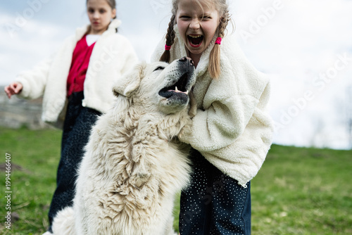 Two young girls playing and laughing with a large fluffy white dog outdoors in a grassy field, showing friendship and playful pet companionship on a cloudy day