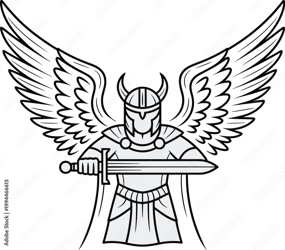 Obraz premium Powerful Viking Warrior Angel with Gleaming Sword, Majestic Wings Spread Wide, Ready for Battle or Protection, Mythical Fantasy Hero, Ancient Mythology, Norse Gods, Epic Saga, Digital Art, Clean Line
