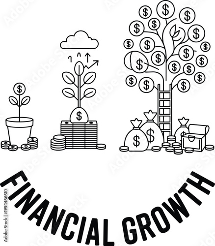 Financial Growth Visualized: From Seedling to Money Tree, Illustrating Investment, Profit, Savings, Wealth Accumulation, and Business Success Through Iconic Stages and Symbols of Monetary Progress and