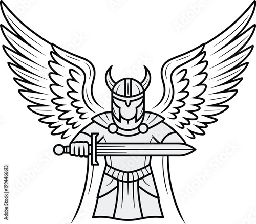 Powerful Viking Warrior Angel with Gleaming Sword, Majestic Wings Spread Wide, Ready for Battle or Protection, Mythical Fantasy Hero, Ancient Mythology, Norse Gods, Epic Saga, Digital Art, Clean Line