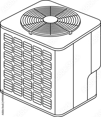 Outdoor Air Conditioner Unit Isometric Line Art - Commercial HVAC System Component for Home and Business Cooling Solutions. Clean, Modern Vector Illustration for HVAC Services, Climate Control Technol
