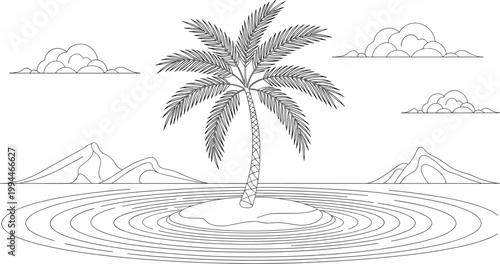 Serene Palm Tree Island Oasis: Tranquil Tropical Paradise with Gentle Water Ripples and Distant Mountains, Evoking Escape, Vacation, and Peaceful Solitude, Minimalist Line Art Silhouette Perfect for T