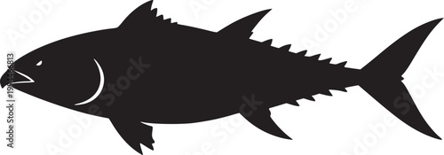 Isolated black vector illustration of a fish silhouette swimming in the deep blue sea among marine wildlife like sharks and dolphins