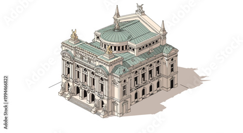 Isometric architectural rendering showcases a detailed building in Paris, rendered with a clean, minimalist style against a white background, exhibiting a cool and serene mood