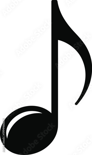 Melodic Eighth Note Symbol in Graphic Design: Isolated Black Music Notation on White Background for Audio Editing, Songwriting, Recording Studio, Education, and Digital Media Production. Clean Vector