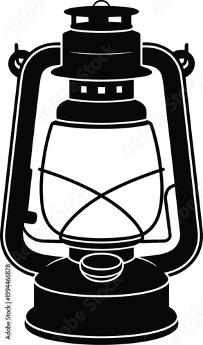 Vintage kerosene lantern, old-fashioned oil lamp, classic hurricane lantern silhouette. Decorative and rustic lighting for outdoor adventures, camping, emergencies, and spooky Halloween decor. Graphic