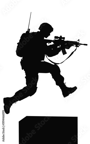 Silhouette of determined soldier in combat gear, mid-leap over obstacle with assault rifle aimed, representing military operation, tactical training, defense strategy, and action-packed adventure, con