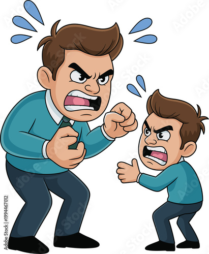 Angry Father and Son Arguing Fiercely, Family Conflict and Disagreement Scene, Parent Shouting at Child Indoors, Relationship Stress and Frustration, Emotional Outburst, Cartoon Illustration, Stressfu