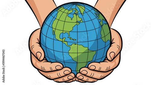 Hands holding planet Earth globe, symbolizing care, protection, and environmental stewardship, global conservation and future, digital illustration in a bold, graphic style with blue oceans and green
