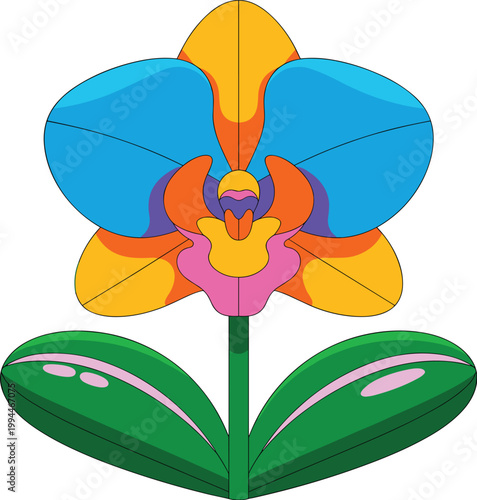 Vibrant Abstract Orchid Flower Illustration, Stylized Botanical Art with Bold Blue, Orange, Yellow, and Pink Petals, Set Against a Clean White Background, Perfect for Tropical Decor, Graphic Design Pr