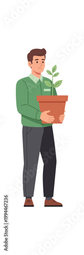 Cartoon character holding sprout in soil