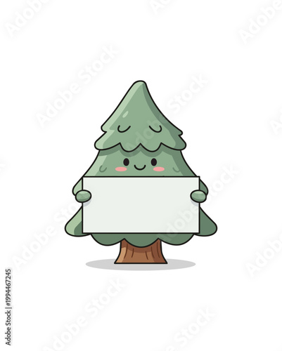 Cartoon fir tree holding blank sign isolated on black background