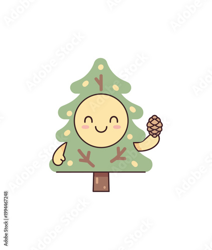 Cartoon fir tree character holding pine cone illustration