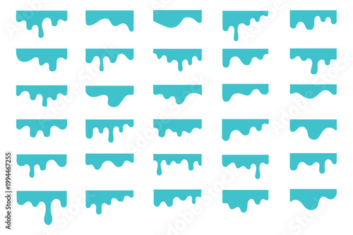 Collection of cyan paint drip shapes on transparent background teal liquid drips smears blobs graphic. Vector set of abstract blue liquid drips.