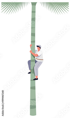 Man climbing palm tree against black backdrop